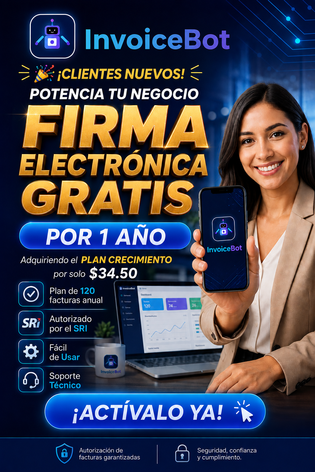 Firma electrónica gratis por 1 año con el Plan Crecimiento de InvoiceBot — ¡actívalo ya!